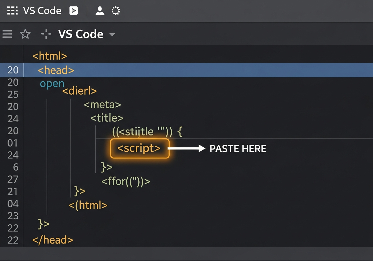 VS Code showing HTML file with script tag highlighted and PASTE HERE arrow