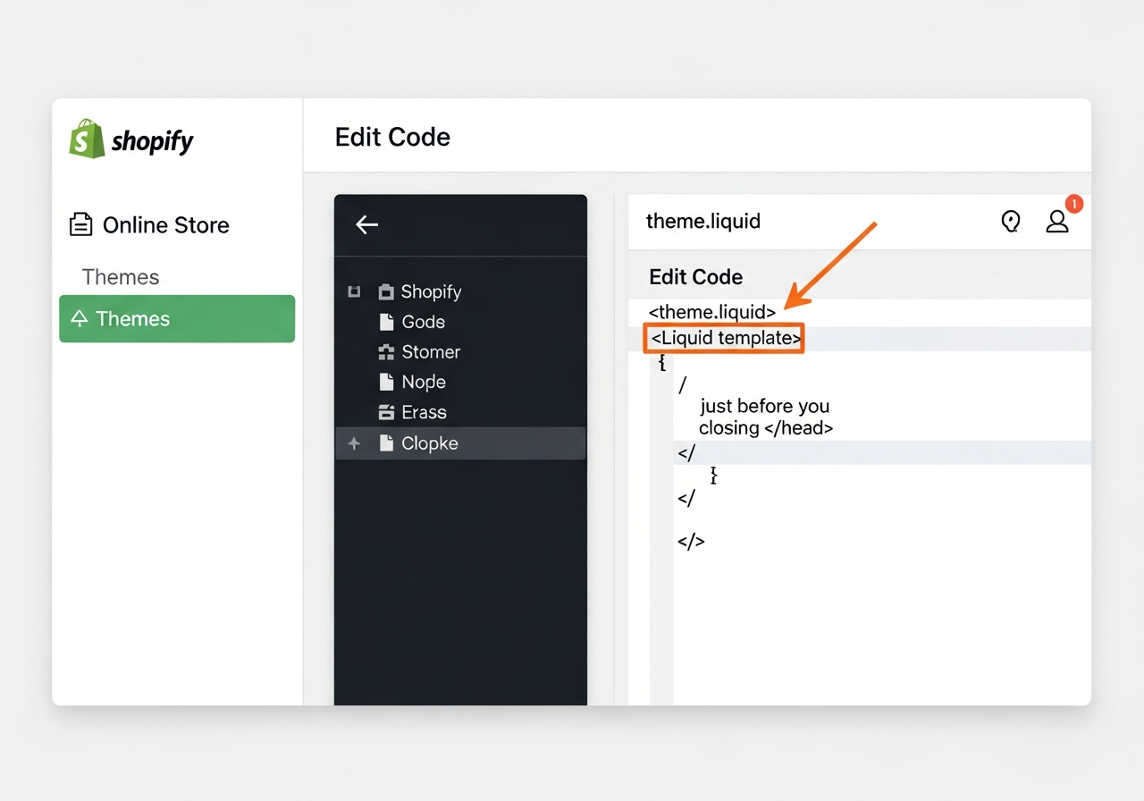 Shopify Online Store > Themes > Edit Code showing theme.liquid file