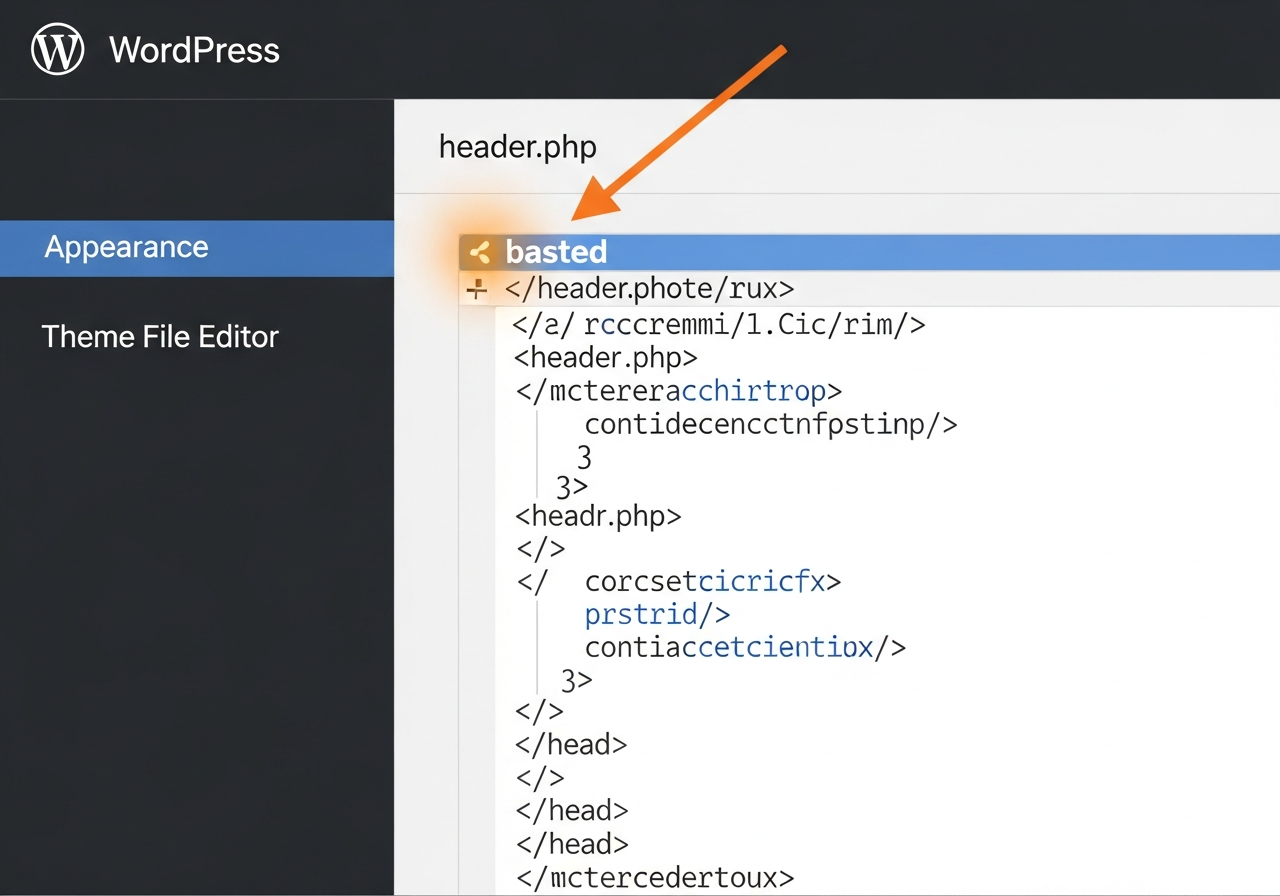 WordPress Appearance > Theme File Editor showing where to paste pixel in header.php