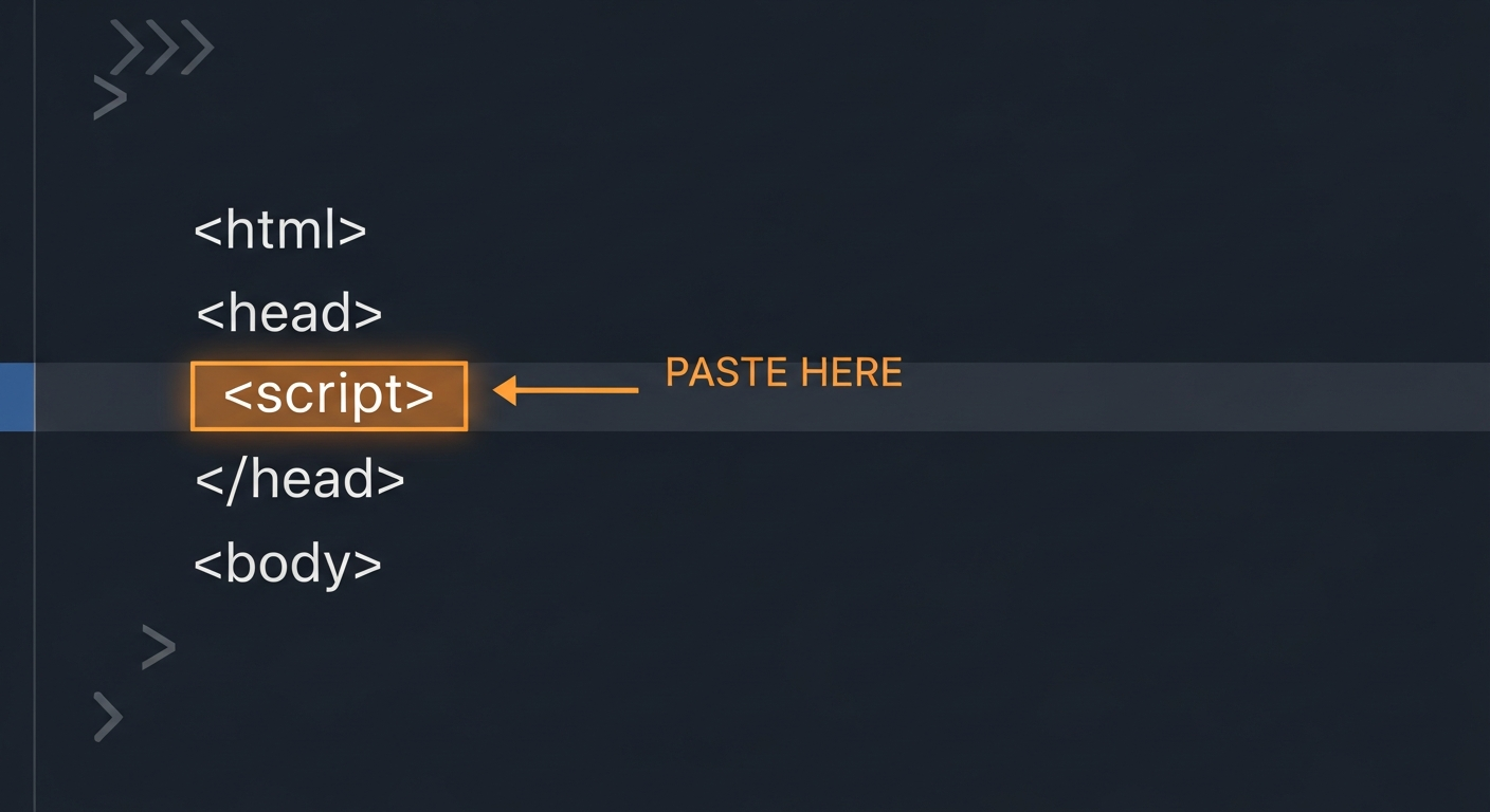 Code editor showing where to paste the pixel script tag inside the HTML head section